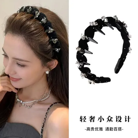 Elegante Cerchietto in Velluto con Strass per Donna Vintage Pieghettata Fascia Capelli Imbottita con Denti Antiscivolo Accessori Capelli