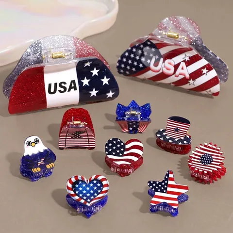 Patriotic USA Flag Hair Claw Clips Independence Day Red White Blue Glitter Star Printed Mini Shark Clips Hair Accessories