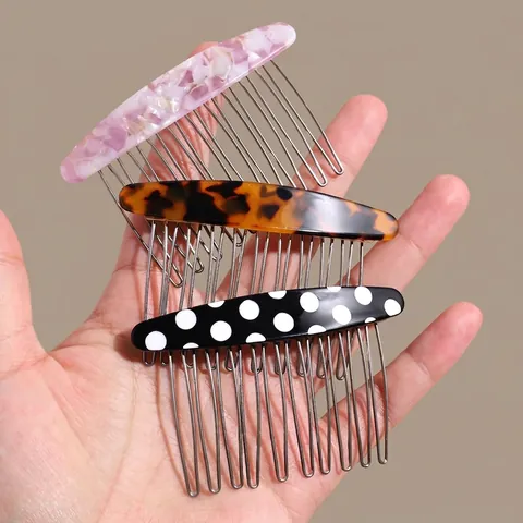 Korean Style Acetate Hair Insert Comb For Women Elegant Marble Tortoiseshell Polka Dot Pattern Metal Teeth Bangs Hair Clip Ornament