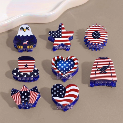 Patriotic USA Flag Hair Claw Clips Independence Day Red White Blue Glitter Star Printed Mini Shark Clips Hair Accessories