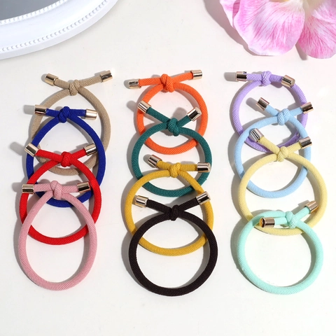 Minimalist Ribbed Knot Hair Tie High Elasticity Fabric Hair Rope With Gold Metal Caps Solid Color Scrunchie For Women