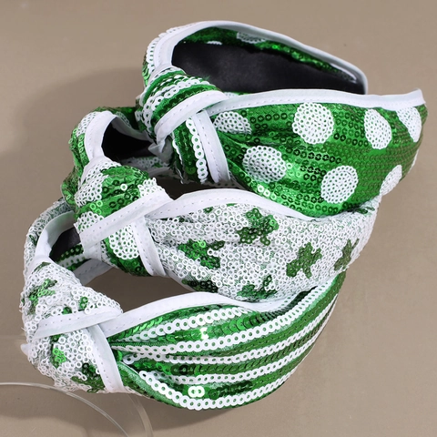 St Patrick's Day Sequin Knot Headband Green White Shamrock Striped Polka Dot Wide Headwrap For Women Holiday Party Hair Accessory