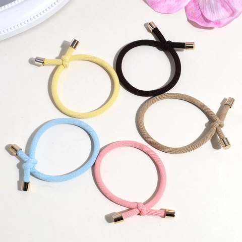 Minimalist Ribbed Knot Hair Tie High Elasticity Fabric Hair Rope With Gold Metal Caps Solid Color Scrunchie For Women