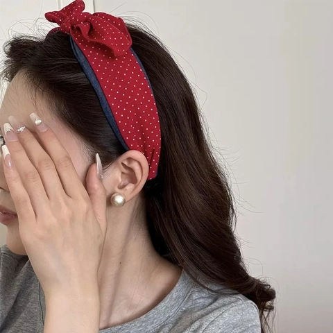Koreaanse Zoete Polka Dot Strik Hoofdband Vintage Denim Patchwork Brede Stoffen Haarrand Mode Elegante Vrouwen Haaraccessoires