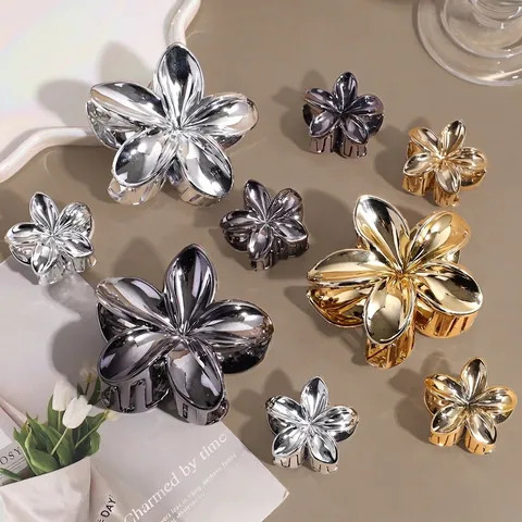 Pinza de Pelo de Flor Metálica de PS de Moda para Mujer Pinza de Tiburón de Plumeria Brillante Galvanizada Elegantes Accesorios para el Cabello de Estilo de Vacaciones
