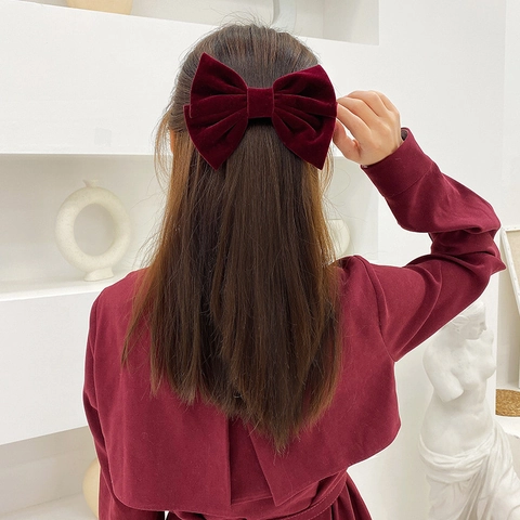 French Retro Large Velvet Bow Hair Clip For Women Elegant Solid Color Spring Clip Back Of Head Hair Styling Accessories