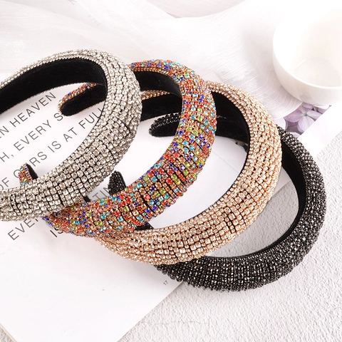 Diadema Acolchada de Barroco con Rhinestones para Mujer Vintage Brillante Cristal Banda de Pelo Gruesa Tocado de Boda Fiesta Joyería