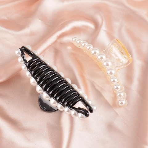 Pinza per Capelli Coreana Elegante con Perle Artificiali Clip di Grandi Dimensioni in Acrilico Antiscivolo per Donna