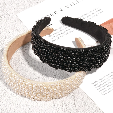European Fashion Wide Velvet Headband For Women With Artificial Pearl Beaded Retro Elegant Bridal Hair Hoop Hair Accessories