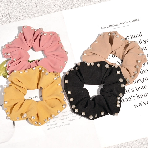 Women Korean Style Ribbed Fabric Scrunchie With Faux Artificial Pearl Edging Solid Color Elastic Hair Tie Large Intestine Hair Ring