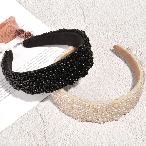 European Fashion Wide Velvet Headband For Women With Artificial Pearl Beaded Retro Elegant Bridal Hair Hoop Hair Accessories