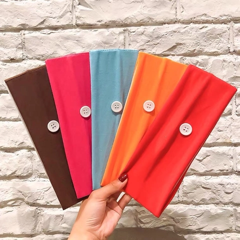 Fascia per Capelli da Donna Elastica Larga con Bottoni in Maglia di Cotone Supporto per Mascherina Fascia Sportiva per Yoga Tinta Unita
