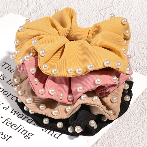 Women Korean Style Ribbed Fabric Scrunchie With Faux Artificial Pearl Edging Solid Color Elastic Hair Tie Large Intestine Hair Ring