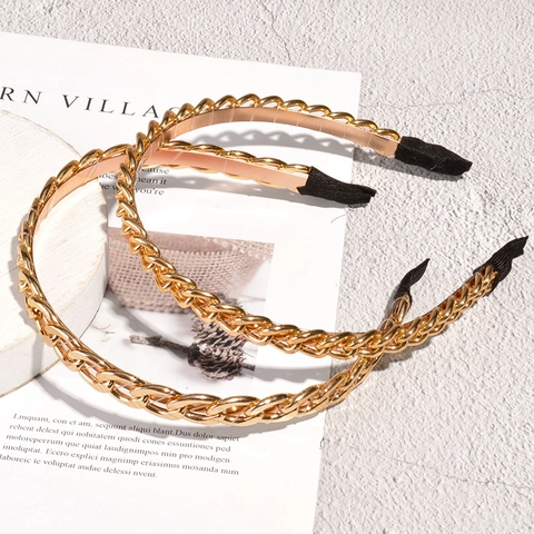 Cerchietto Vintage in Lega a Catena Oro per Donna Metallo Galvanizzato Intrecciato con Estremità Avvolte in Tessuto