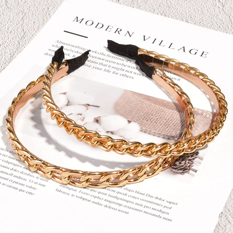 Cerchietto Vintage in Lega a Catena Oro per Donna Metallo Galvanizzato Intrecciato con Estremità Avvolte in Tessuto