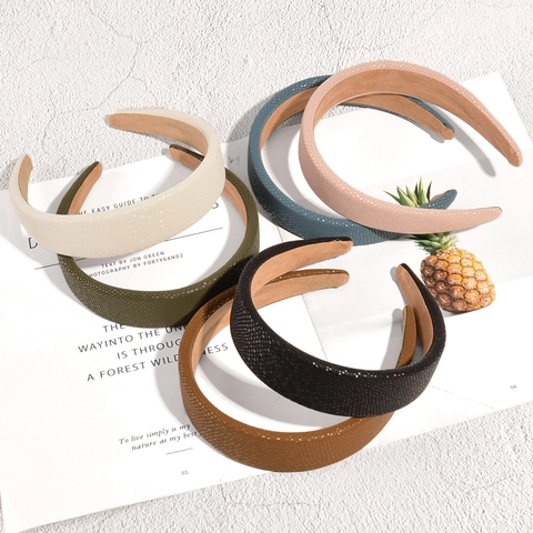 Retro Broad Side PU Leather Hair Band Solid Color Pebble Texture Non-slip Headband For Women Elegant Hair Accessories