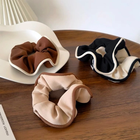 Coleteros de Tela de Canalé Vintage Con Ribete en Contraste Elegantes Gomas de Pelo Elásticas para Mujer Accesorios Retro