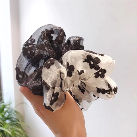 Netzgewebe Organza Große Blumen Scrunchies Blumenmuster Haargummis Retro Elegante Elastische Haarbänder Für Damen Mädchen Haarschmuck