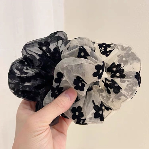 Netzgewebe Organza Große Blumen Scrunchies Blumenmuster Haargummis Retro Elegante Elastische Haarbänder Für Damen Mädchen Haarschmuck