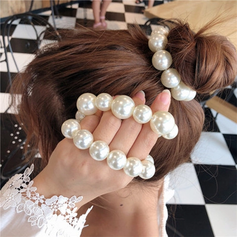Elegante Weiße Künstliche Perlen Haargummis Für Damen Sanfter Stil Hoch Elastische Scrunchies Mode Haarschmuck Armband