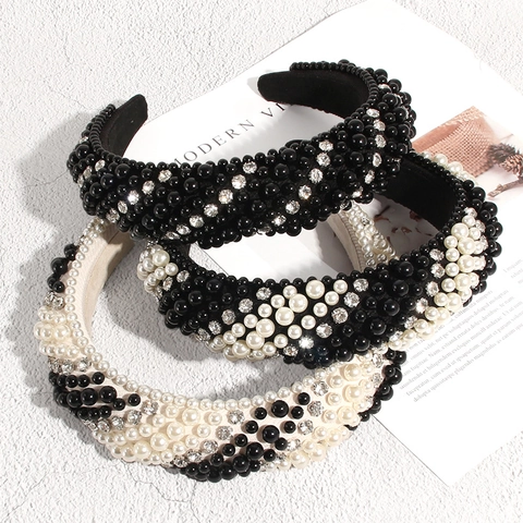 Cerchietto Imbottito in Spugna Vintage Con Künstliche Perle Artificiali E Strass Fascia Capelli Larga Retrò per Donna Matrimonio Gioielli