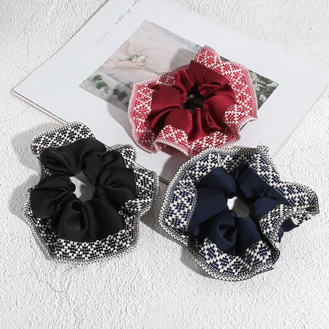 Bohemian Ethnische Patchwork Karierter Rand Große Scrunchies Vintage Polyester Satin Haargummis Für Damen Retro Alltäglich Haarschmuck