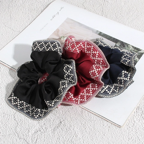 Bohemian Ethnische Patchwork Karierter Rand Große Scrunchies Vintage Polyester Satin Haargummis Für Damen Retro Alltäglich Haarschmuck