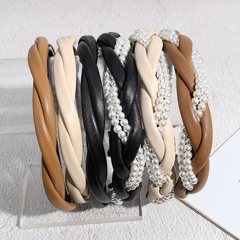 Diadema de Cuero de Imitación Trenzado Coreano para Mujer Antideslizante Con Dientes Strass Perla Accesorio de Pelo
