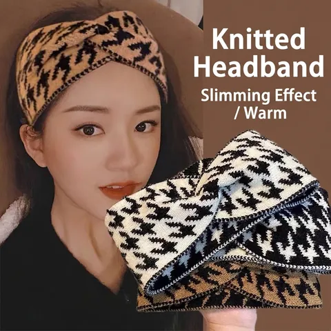 Vintage Gebreide Stirnband met Hahnentritt voor Dames Retro Knoop Breed Elastisch Warm Winter Haarband Mode Accessoires