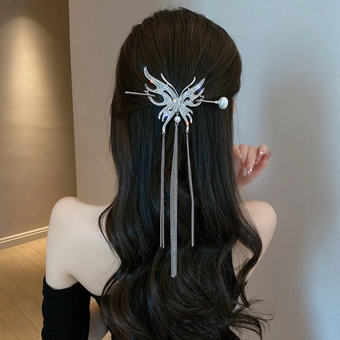 Bastoncino per Capelli Farfalla Vintage con Nappina Lega Argento Strass Perla Artificial per Donna Hanfu Stile Cinese Accessori Capelli