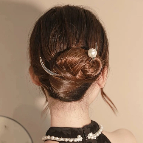 Silber Metall Mondsichel Haarstab Mit Weißer Künstliche Perle Vintage Chinesischer Stil Haarschmuck Für Damen Party Schmuck