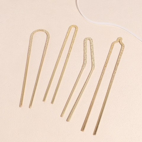 Bastoncino per Capelli in Metallo a Forma di U Vintage per Donna Stile Cinese Minimalista con Motivo Floreale Inciso Oro Gioiello