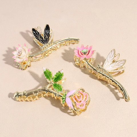 Pinza de Pelo Elegante de Aleación con Forma de Rosa y Loto y Libélula de Esmalte Decoración de Perlas Artificiales Accesorios de Moda Mujer
