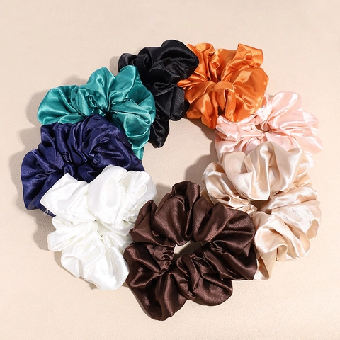 Coletero Grande de Satén de Seda para Mujer Color Sólido Gomas Elásticas para el Pelo Gran Tela Plisada Anillo para el Cabello Moda