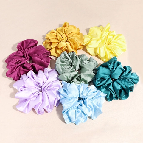 Coletero Grande de Satén de Seda para Mujer Color Sólido Gomas Elásticas para el Pelo Gran Tela Plisada Anillo para el Cabello Moda