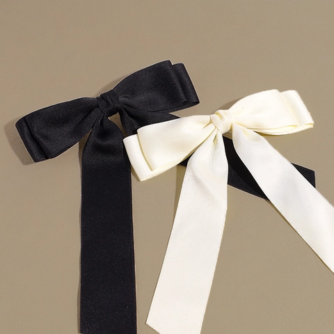 French Vintage Satin Bow Hair Clip Long Ribbon Elegant Solid Color Fabric Hairpin Metal Spring Clip Accessory for Women