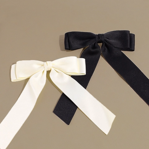 French Vintage Satin Bow Hair Clip Long Ribbon Elegant Solid Color Fabric Hairpin Metal Spring Clip Accessory for Women