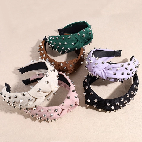 Knotted Cloth Wide Headband For Women Metallic Rivet Studded Punk Fashion Hair Band Solid Color Turban Headwrap Accessory