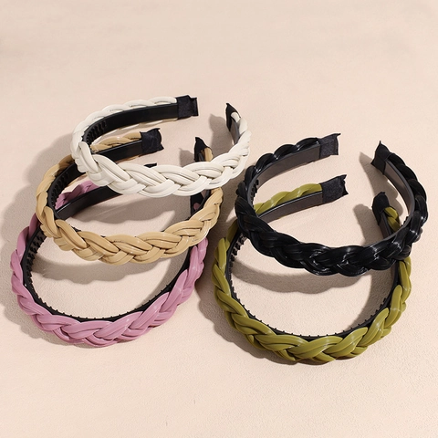 Diadema de Cuero PU Trenzado para Mujer Color Sólido Antideslizante Banda para Cabello con Dientes Accesorios de Moda para Cara
