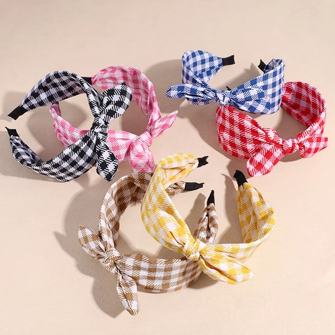 Cerchietto Annodato in Tessuto Plaid Stile Coreano Donna Dolce Fiocco a Orecchie di Coniglio Fascia Larga Accessori per Capelli