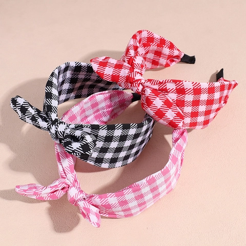 Cerchietto Annodato in Tessuto Plaid Stile Coreano Donna Dolce Fiocco a Orecchie di Coniglio Fascia Larga Accessori per Capelli