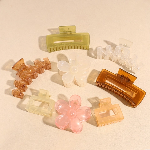 Large Acrylic Hair Claw Clips Hollow Out Geometric Rectangular Flower Shark Clip Sweet Candy Color Hair Accessory For Women