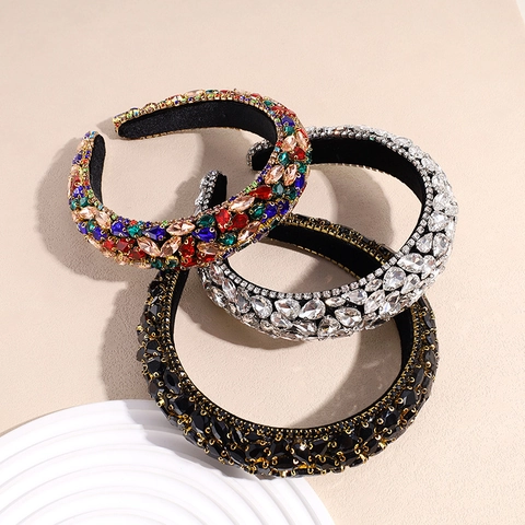 Baroque Pave Rhinestone Padded Headband For Women Luxury Handmade Wide Sponge Hair Band Vintage Sparkling Crystal Hair Accessory