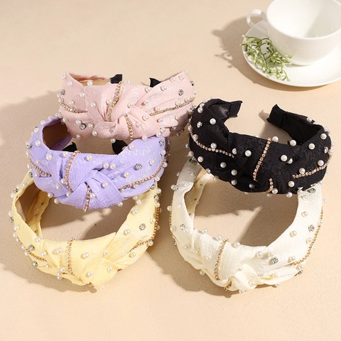 Cerchietto Annodato Largo in Tessuto da Donna Con Künstliche Perle Sintetiche e Catena di Strass Elegante Accessorio per Capelli alla Moda