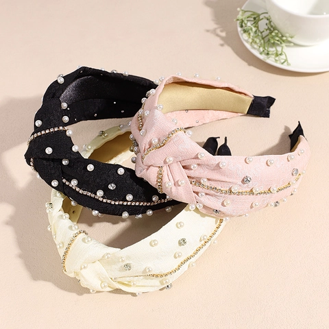 Cerchietto Annodato Largo in Tessuto da Donna Con Künstliche Perle Sintetiche e Catena di Strass Elegante Accessorio per Capelli alla Moda