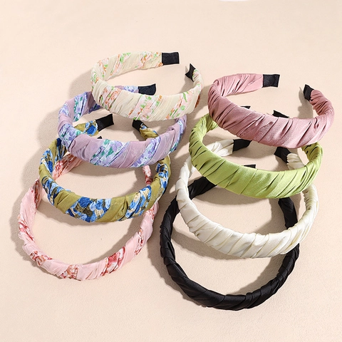 Vintage Ruched Satin Floral Print Headband Fashion Cloth Wrapped Hair Hoop For Women Daily Outing Sweet Hair Accessories