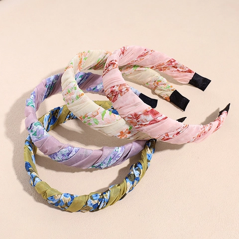 Vintage Ruched Satin Floral Print Headband Fashion Cloth Wrapped Hair Hoop For Women Daily Outing Sweet Hair Accessories