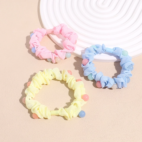 Chouchous en Tissu Doux Style Coréen pour Femmes Filles Décoration de Perles Colorées Élastique Fait à la Main
