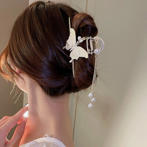 French Elegant Alloy Butterfly Bow Tassel Hair Claw Clip For Women Vintage Feather Rose Artificial Pearl Shark Hair Clip Hair Accessories
