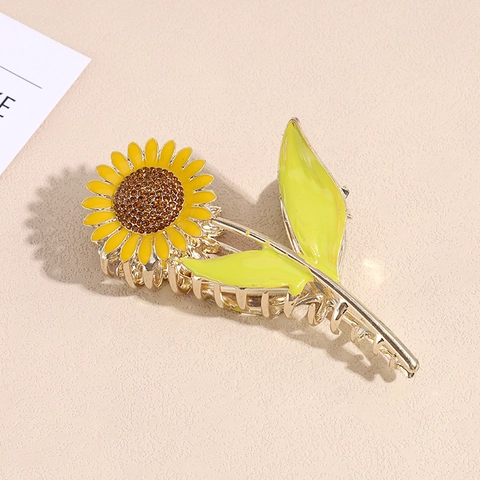 Korean Style Elegant Sunflower Hair Claw Clip For Women Gold Tone Metal Rhinestone Floral Shark Hair Clip Headwear Accessories
